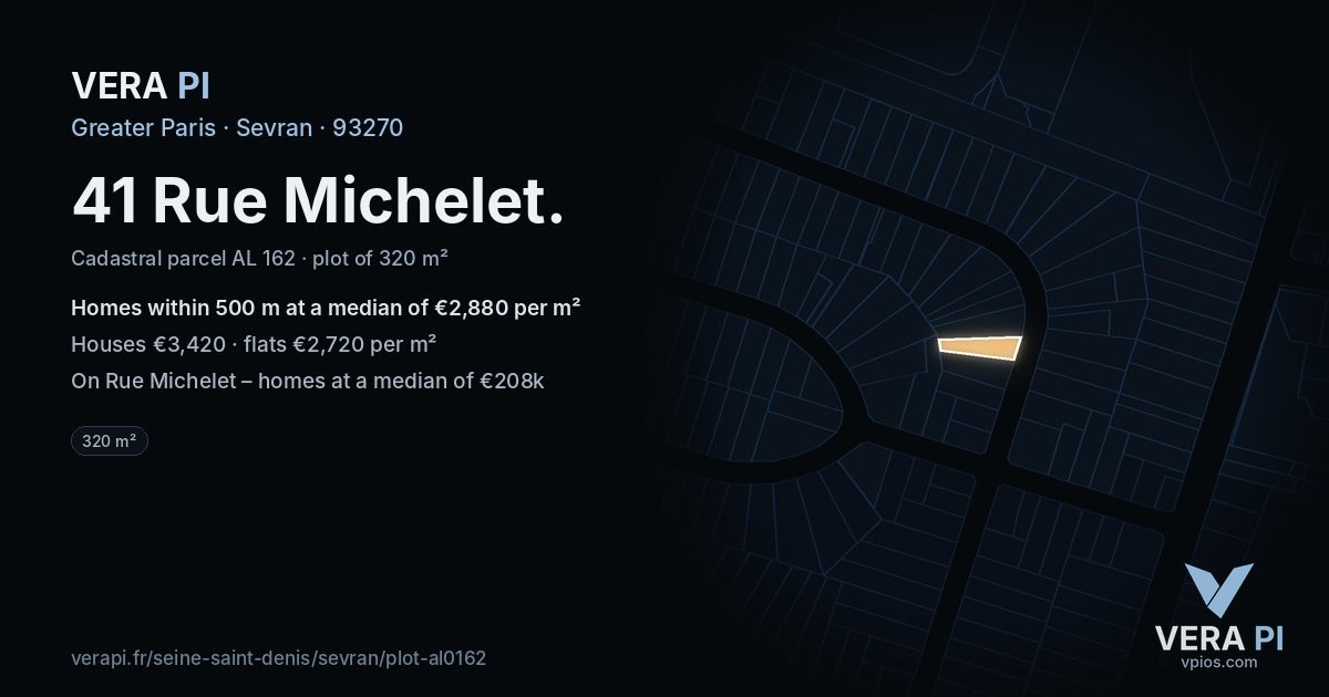 41 Rue Michelet, Sevran at night – the plot lit, the parcels around coloured by the prices near them