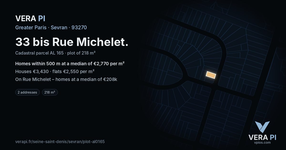 33 bis Rue Michelet, Sevran at night – the plot lit, the parcels around coloured by the prices near them