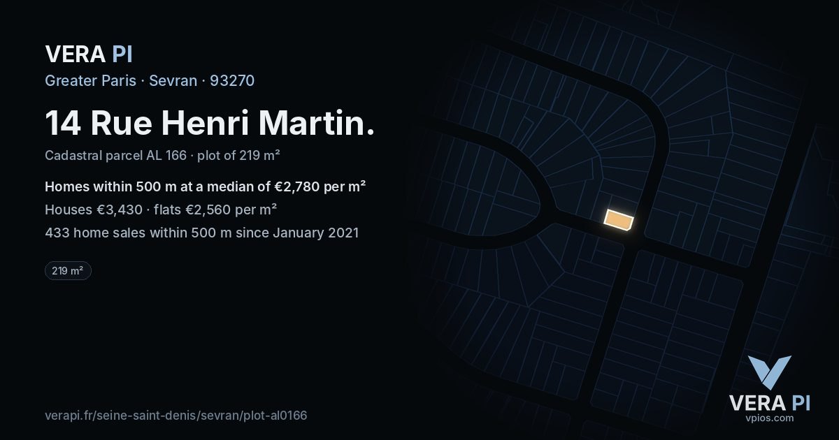 14 Rue Henri Martin, Sevran at night – the plot lit, the parcels around coloured by the prices near them