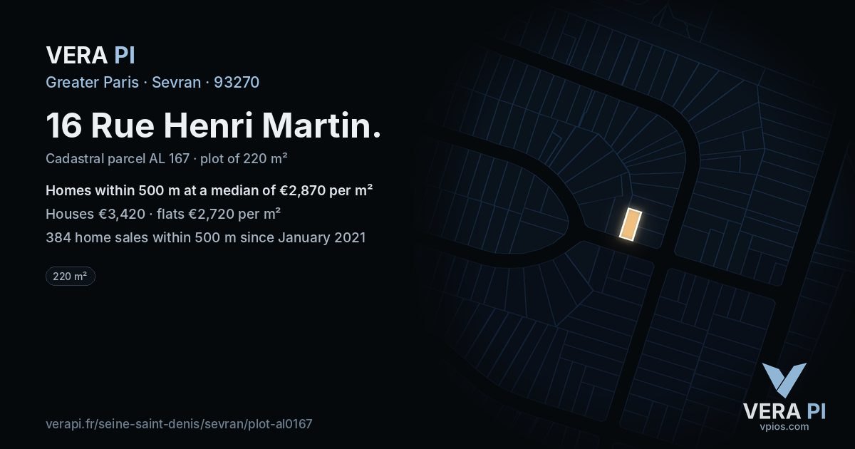 16 Rue Henri Martin, Sevran at night – the plot lit, the parcels around coloured by the prices near them