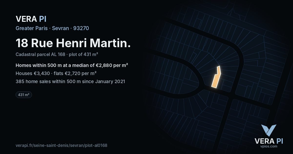 18 Rue Henri Martin, Sevran at night – the plot lit, the parcels around coloured by the prices near them