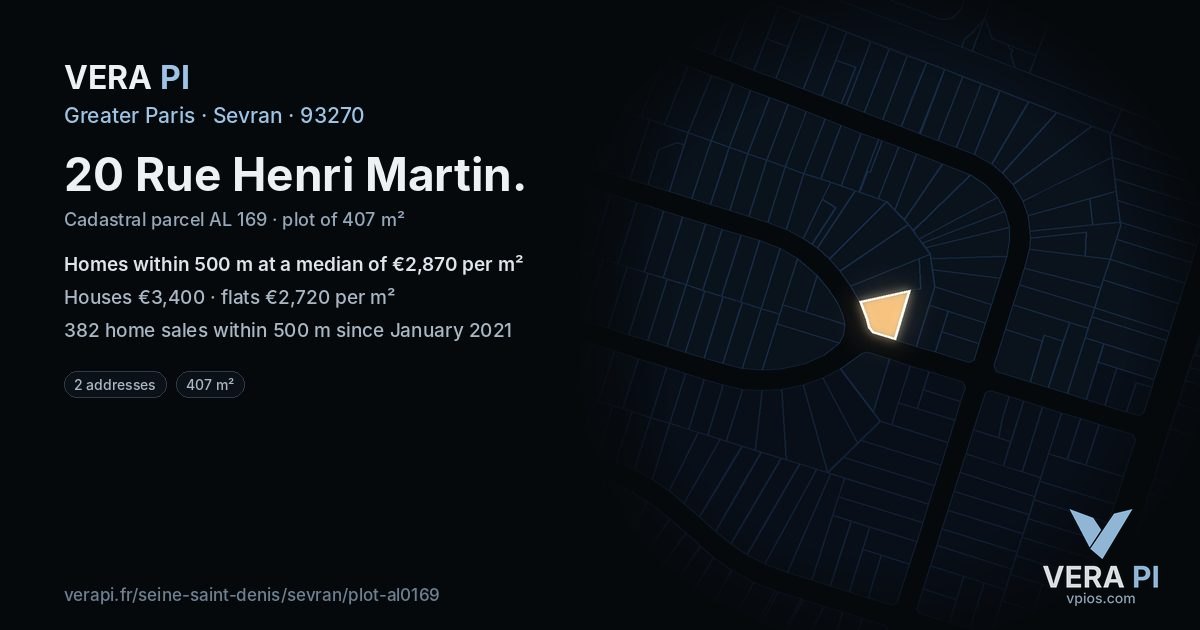 20 Rue Henri Martin, Sevran at night – the plot lit, the parcels around coloured by the prices near them