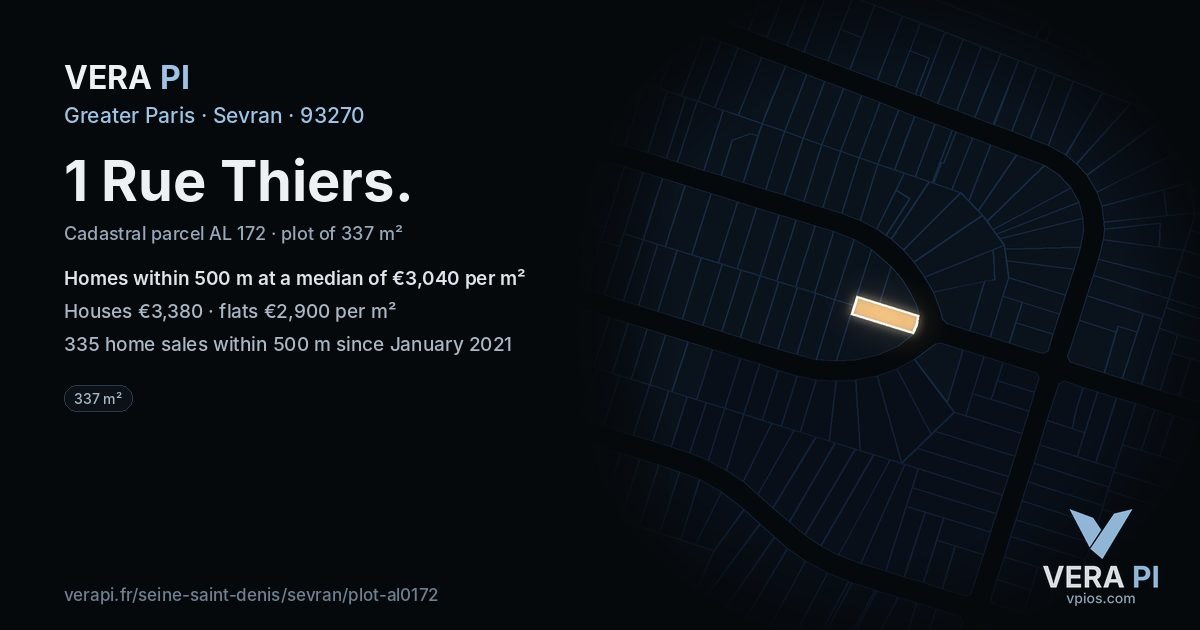 1 Rue Thiers, Sevran at night – the plot lit, the parcels around coloured by the prices near them
