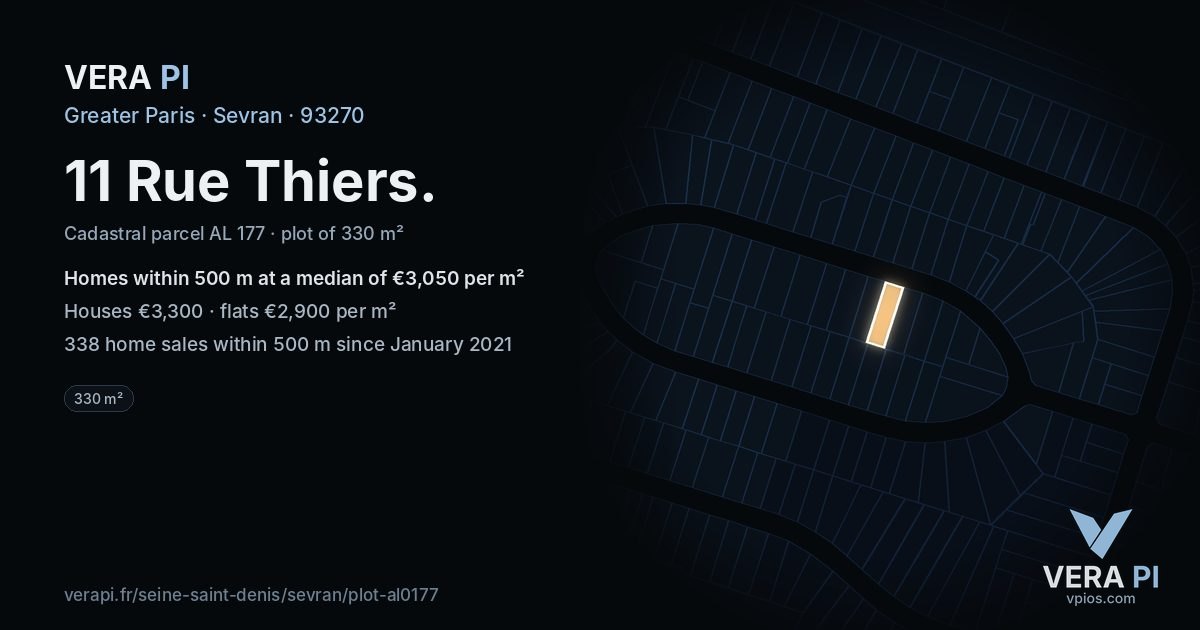11 Rue Thiers, Sevran at night – the plot lit, the parcels around coloured by the prices near them