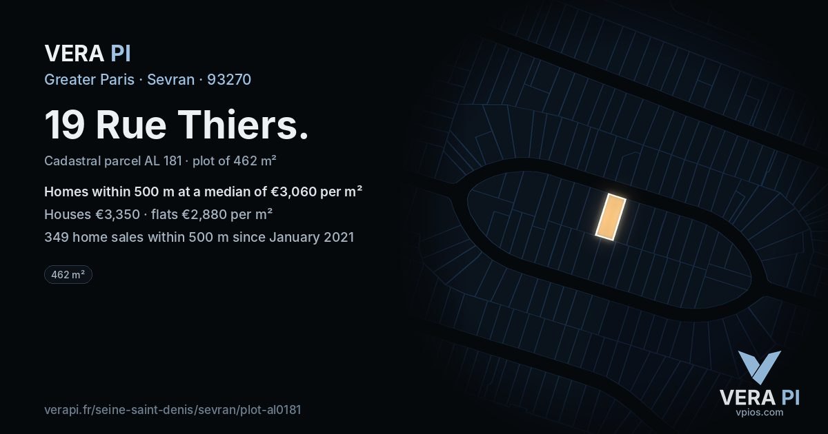 19 Rue Thiers, Sevran at night – the plot lit, the parcels around coloured by the prices near them