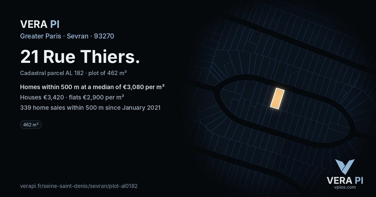 21 Rue Thiers, Sevran at night – the plot lit, the parcels around coloured by the prices near them