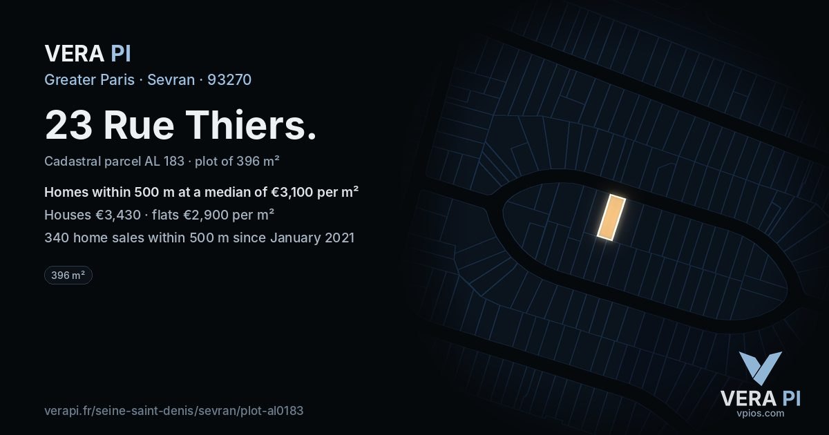 23 Rue Thiers, Sevran at night – the plot lit, the parcels around coloured by the prices near them