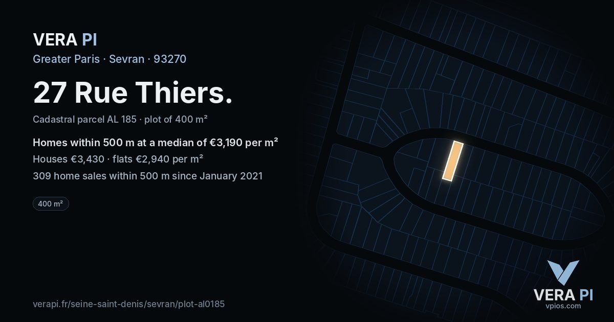 27 Rue Thiers, Sevran at night – the plot lit, the parcels around coloured by the prices near them