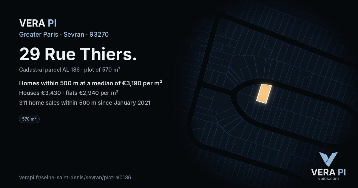 29 Rue Thiers, Sevran at night – the plot lit, the parcels around coloured by the prices near them