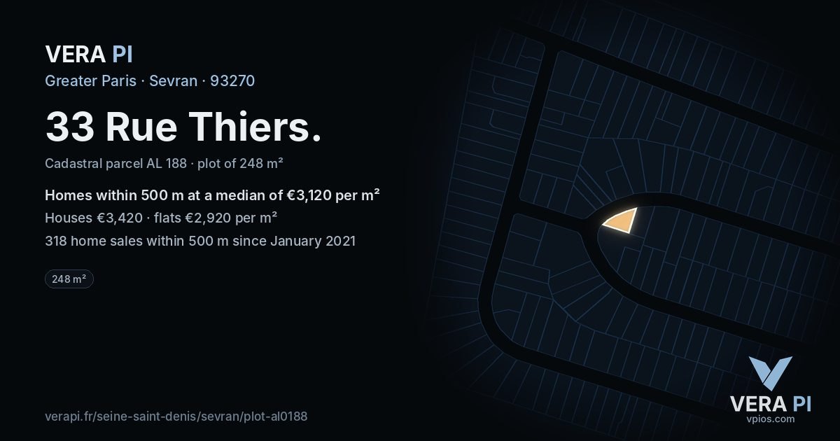 33 Rue Thiers, Sevran at night – the plot lit, the parcels around coloured by the prices near them