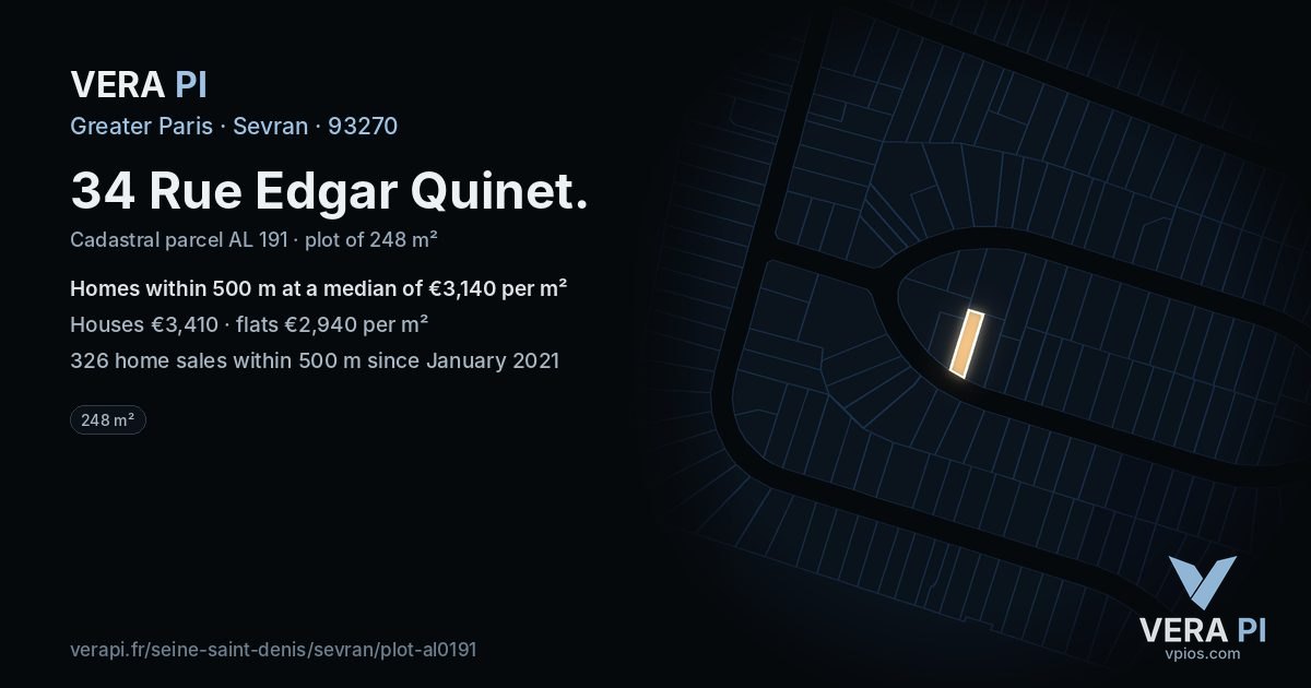 34 Rue Edgar Quinet, Sevran at night – the plot lit, the parcels around coloured by the prices near them