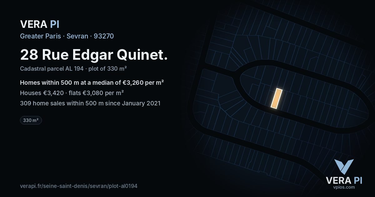 28 Rue Edgar Quinet, Sevran at night – the plot lit, the parcels around coloured by the prices near them