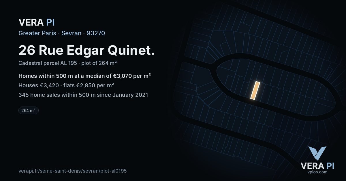 26 Rue Edgar Quinet, Sevran at night – the plot lit, the parcels around coloured by the prices near them