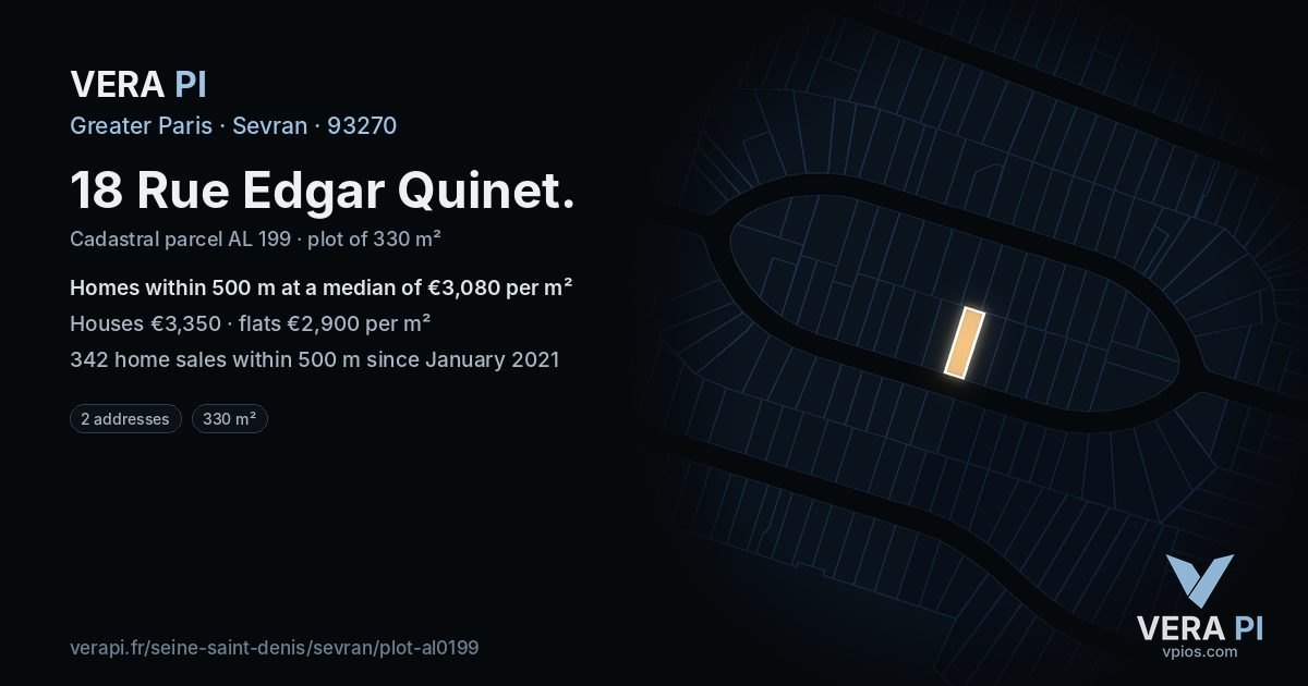 18 Rue Edgar Quinet, Sevran at night – the plot lit, the parcels around coloured by the prices near them