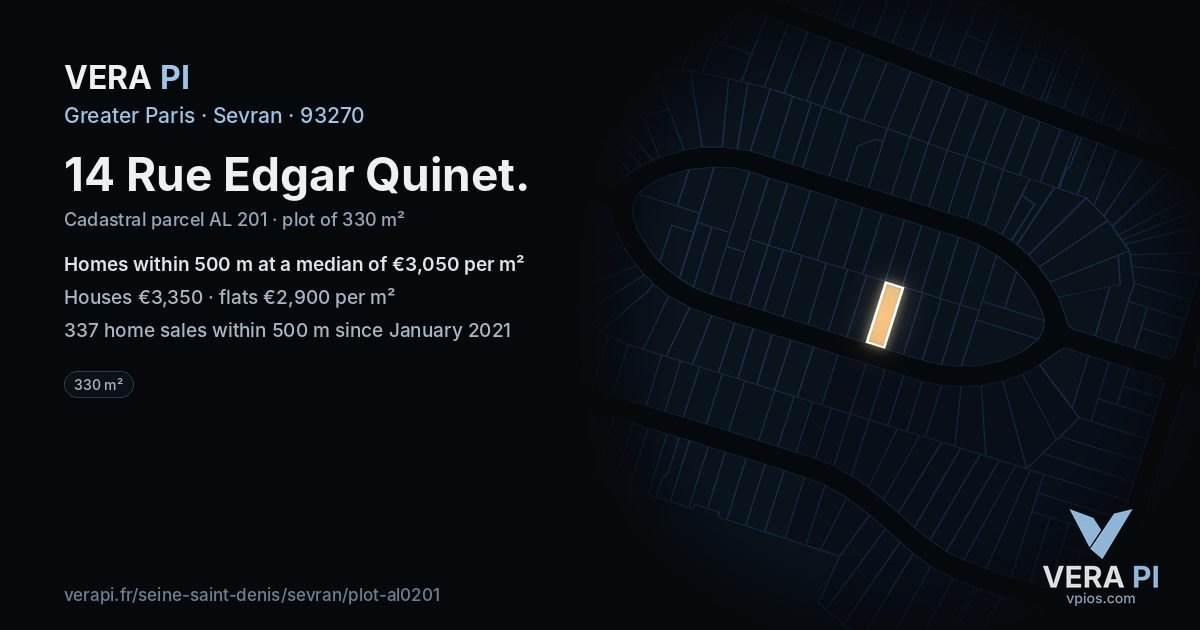 14 Rue Edgar Quinet, Sevran at night – the plot lit, the parcels around coloured by the prices near them