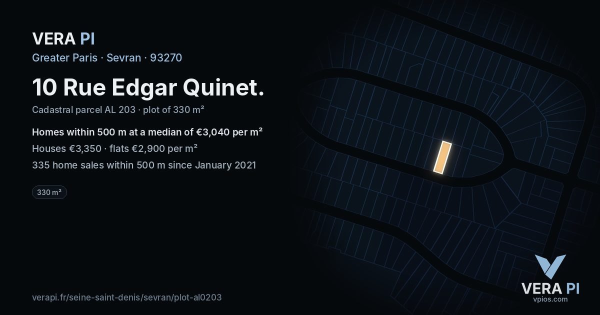 10 Rue Edgar Quinet, Sevran at night – the plot lit, the parcels around coloured by the prices near them