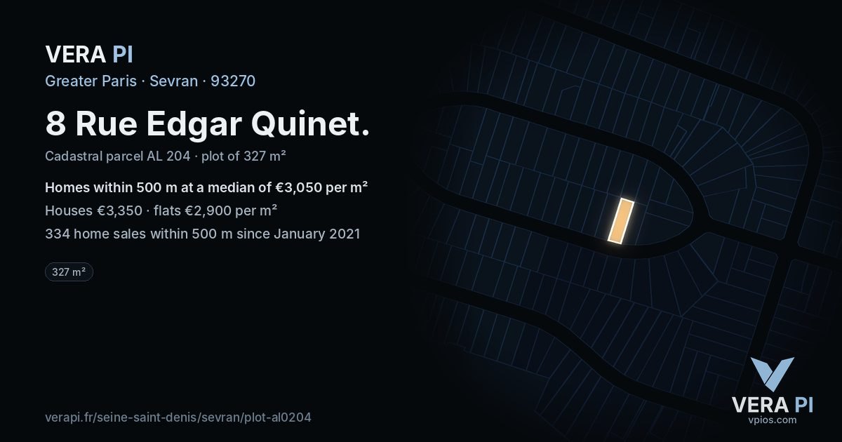 8 Rue Edgar Quinet, Sevran at night – the plot lit, the parcels around coloured by the prices near them