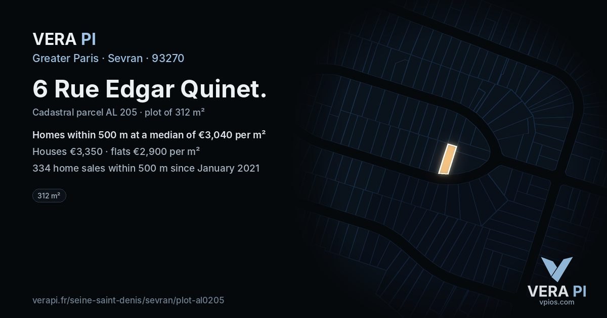 6 Rue Edgar Quinet, Sevran at night – the plot lit, the parcels around coloured by the prices near them