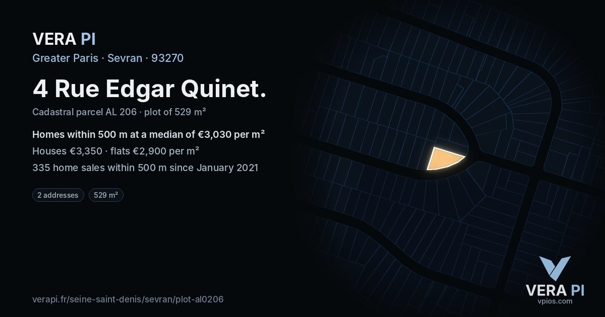 4 Rue Edgar Quinet, Sevran at night – the plot lit, the parcels around coloured by the prices near them