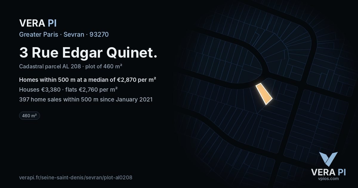 3 Rue Edgar Quinet, Sevran at night – the plot lit, the parcels around coloured by the prices near them