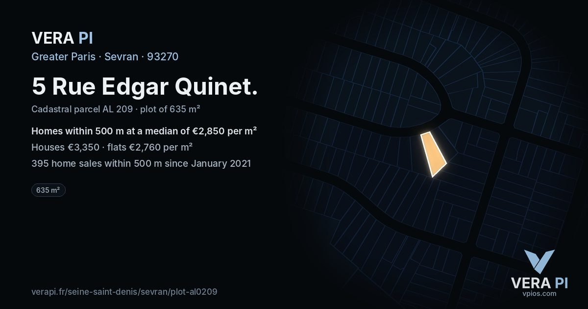 5 Rue Edgar Quinet, Sevran at night – the plot lit, the parcels around coloured by the prices near them