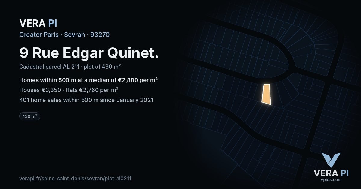 9 Rue Edgar Quinet, Sevran at night – the plot lit, the parcels around coloured by the prices near them