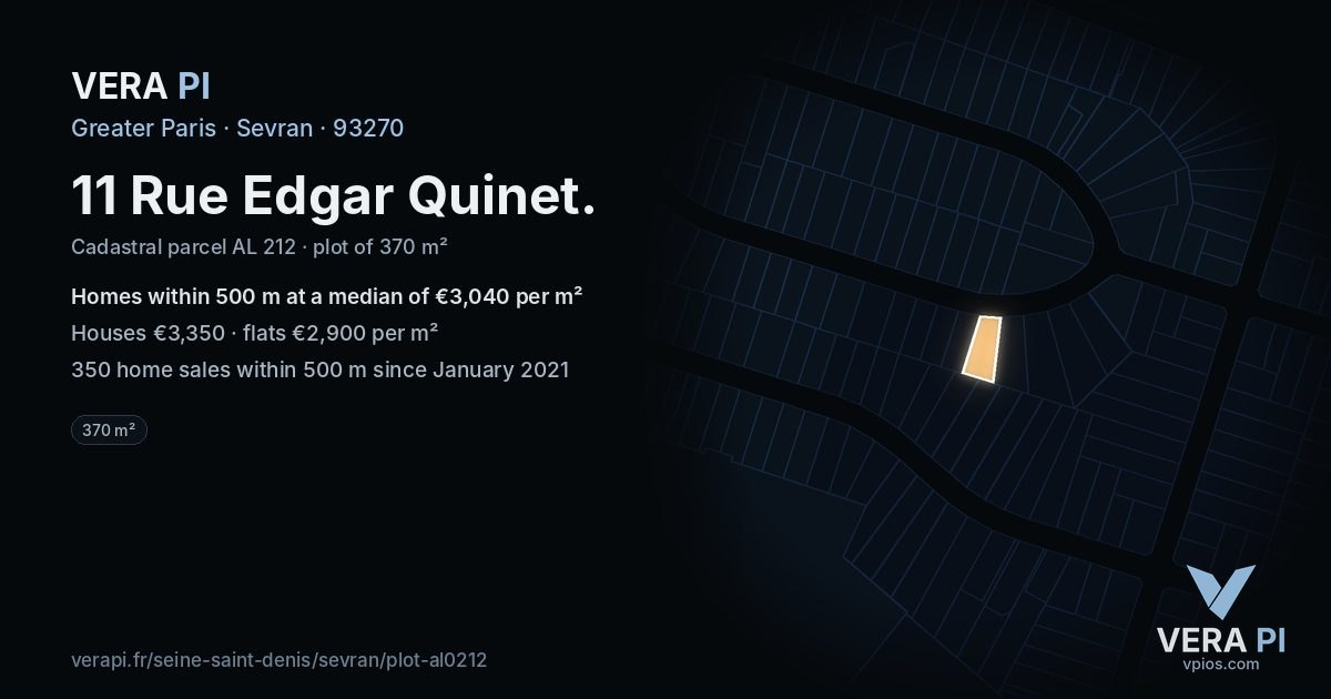 11 Rue Edgar Quinet, Sevran at night – the plot lit, the parcels around coloured by the prices near them