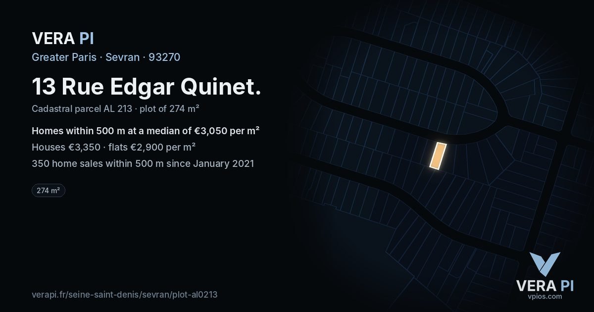 13 Rue Edgar Quinet, Sevran at night – the plot lit, the parcels around coloured by the prices near them