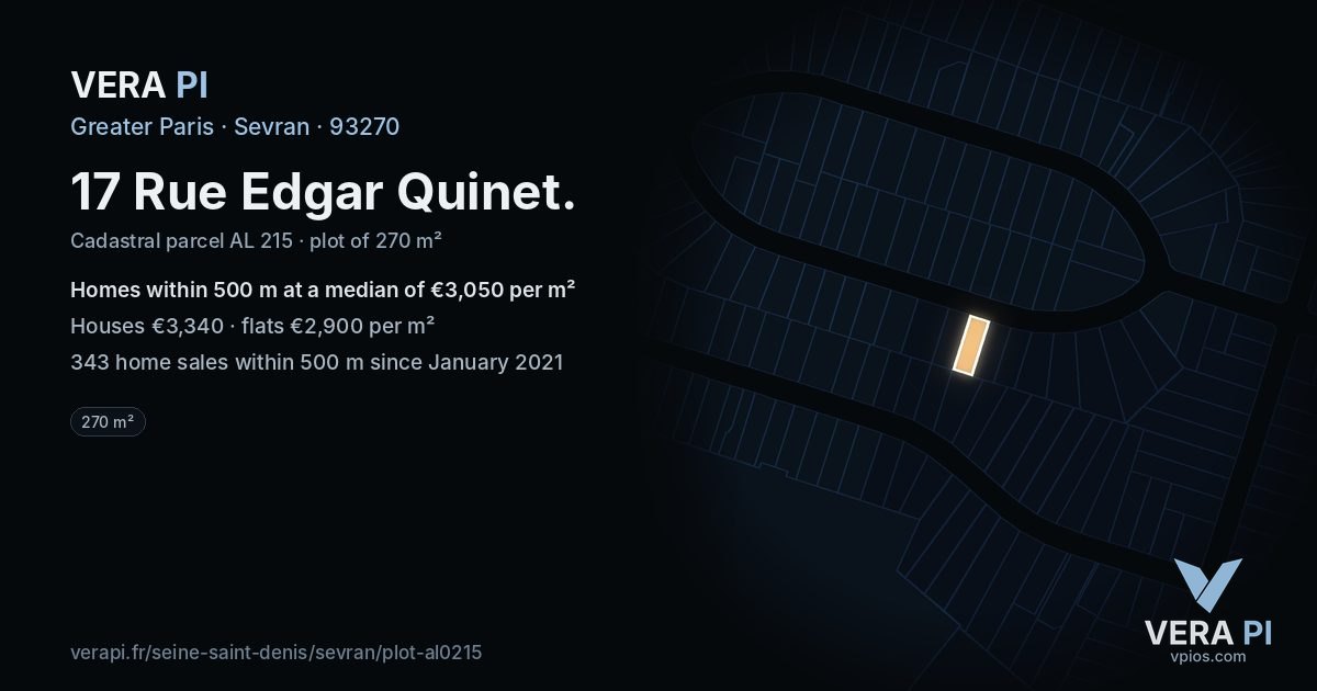 17 Rue Edgar Quinet, Sevran at night – the plot lit, the parcels around coloured by the prices near them