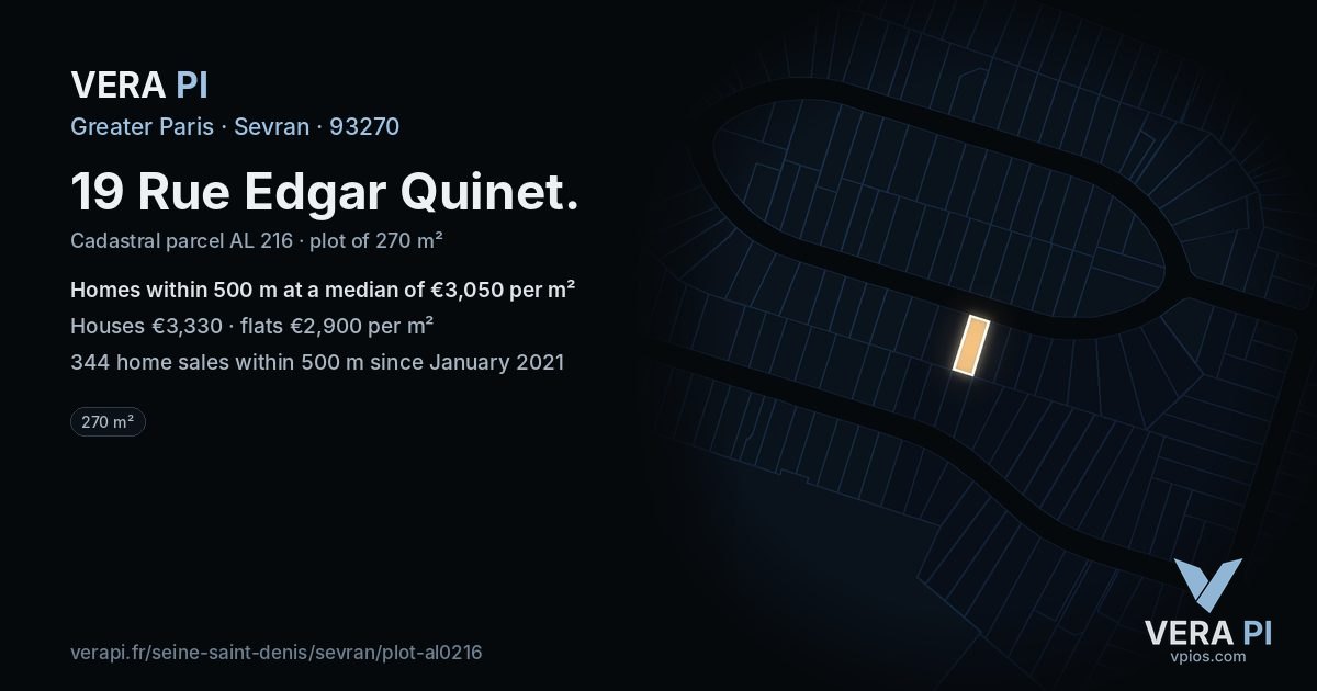 19 Rue Edgar Quinet, Sevran at night – the plot lit, the parcels around coloured by the prices near them