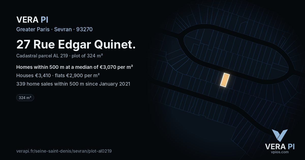 27 Rue Edgar Quinet, Sevran at night – the plot lit, the parcels around coloured by the prices near them
