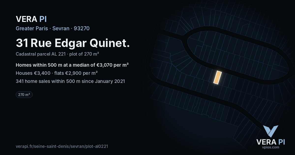 31 Rue Edgar Quinet, Sevran at night – the plot lit, the parcels around coloured by the prices near them