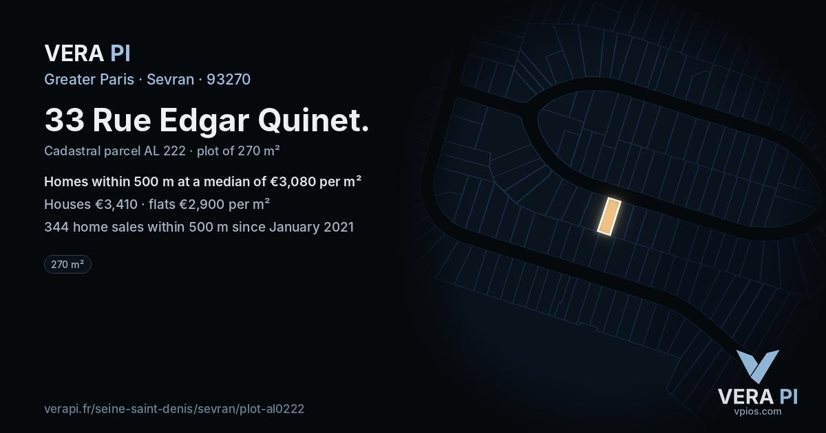 33 Rue Edgar Quinet, Sevran at night – the plot lit, the parcels around coloured by the prices near them