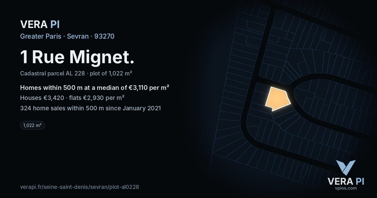 1 Rue Mignet, Sevran at night – the plot lit, the parcels around coloured by the prices near them