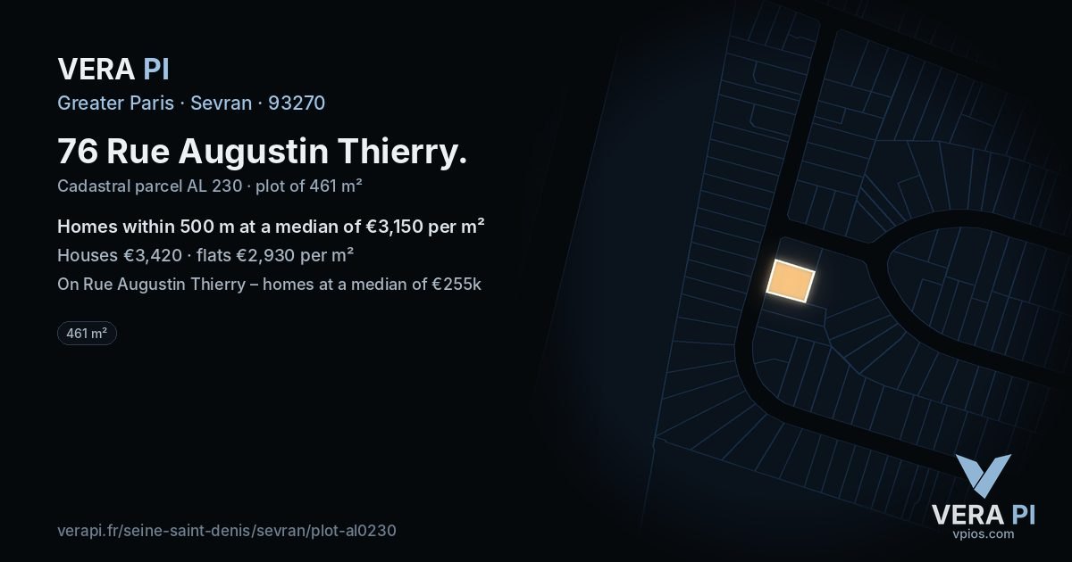 76 Rue Augustin Thierry, Sevran at night – the plot lit, the parcels around coloured by the prices near them