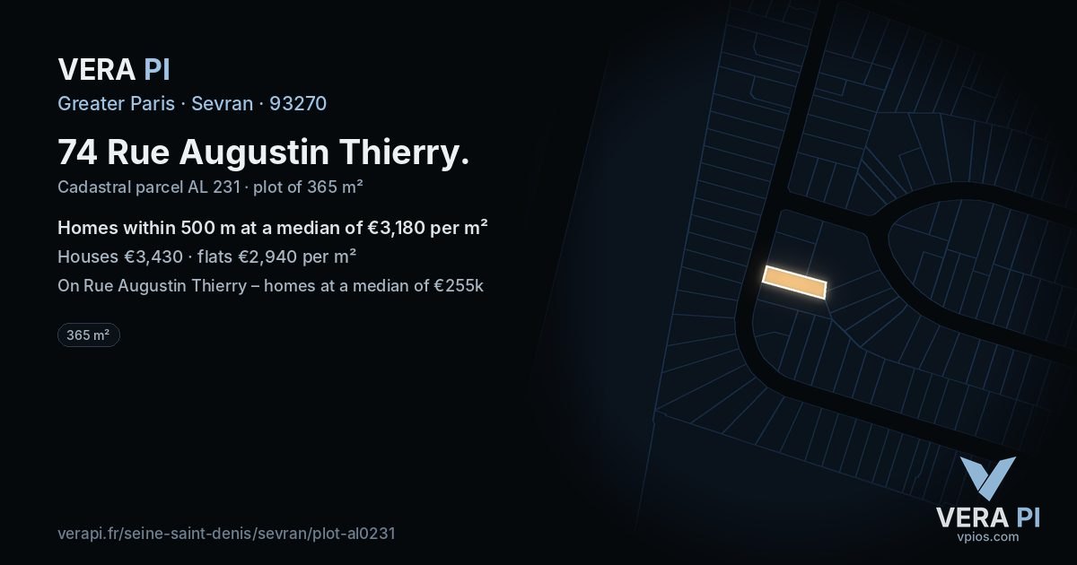 74 Rue Augustin Thierry, Sevran at night – the plot lit, the parcels around coloured by the prices near them