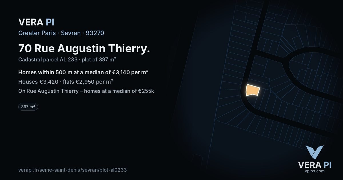 70 Rue Augustin Thierry, Sevran at night – the plot lit, the parcels around coloured by the prices near them