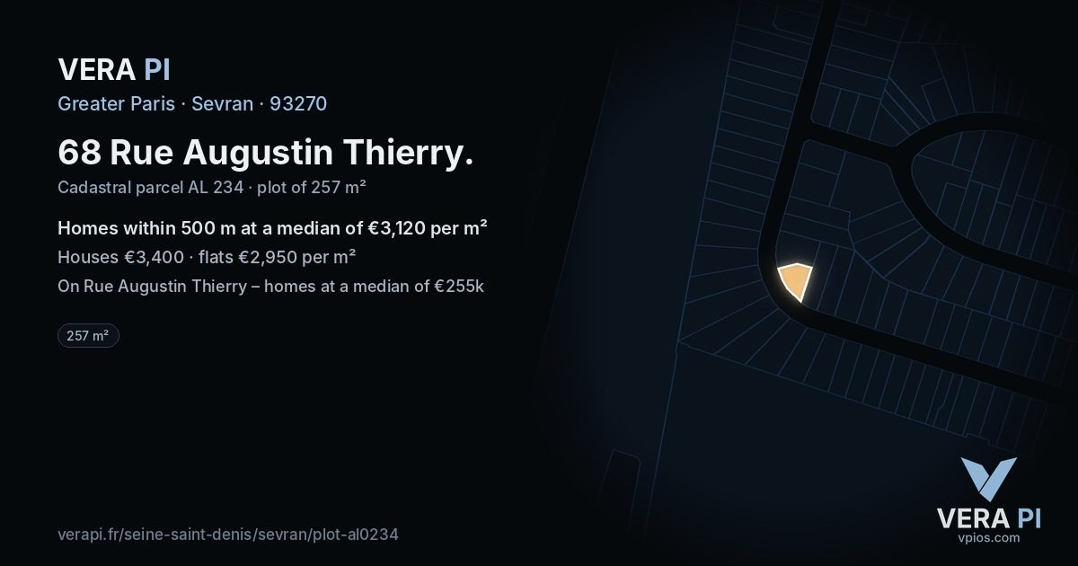 68 Rue Augustin Thierry, Sevran at night – the plot lit, the parcels around coloured by the prices near them