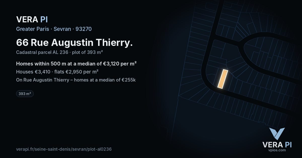 66 Rue Augustin Thierry, Sevran at night – the plot lit, the parcels around coloured by the prices near them