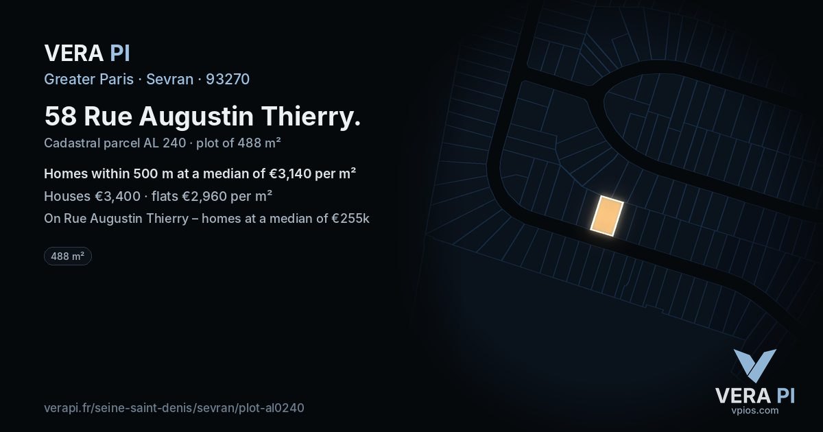 58 Rue Augustin Thierry, Sevran at night – the plot lit, the parcels around coloured by the prices near them