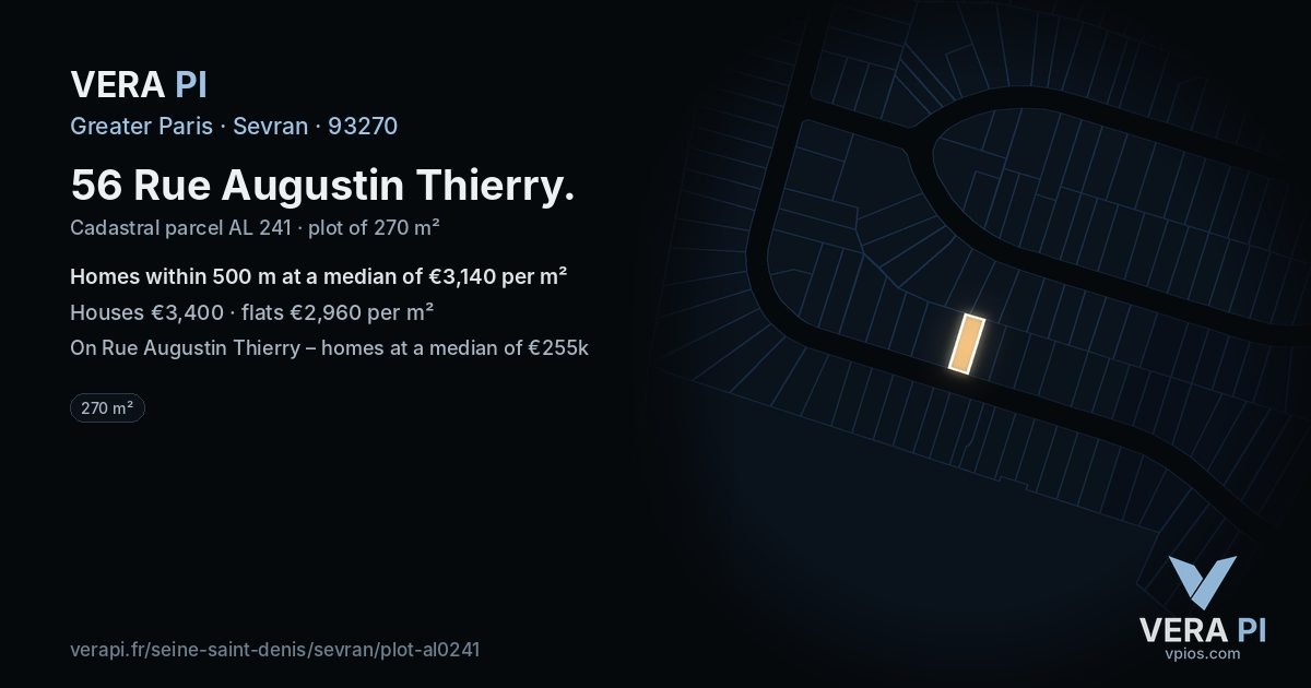 56 Rue Augustin Thierry, Sevran at night – the plot lit, the parcels around coloured by the prices near them