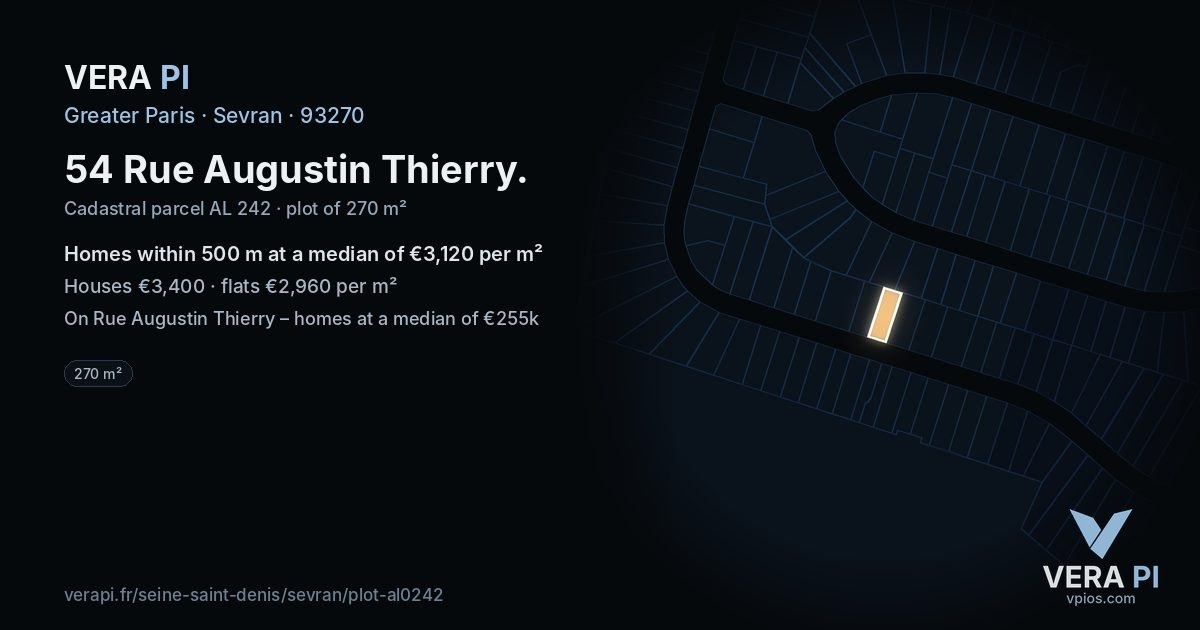 54 Rue Augustin Thierry, Sevran at night – the plot lit, the parcels around coloured by the prices near them