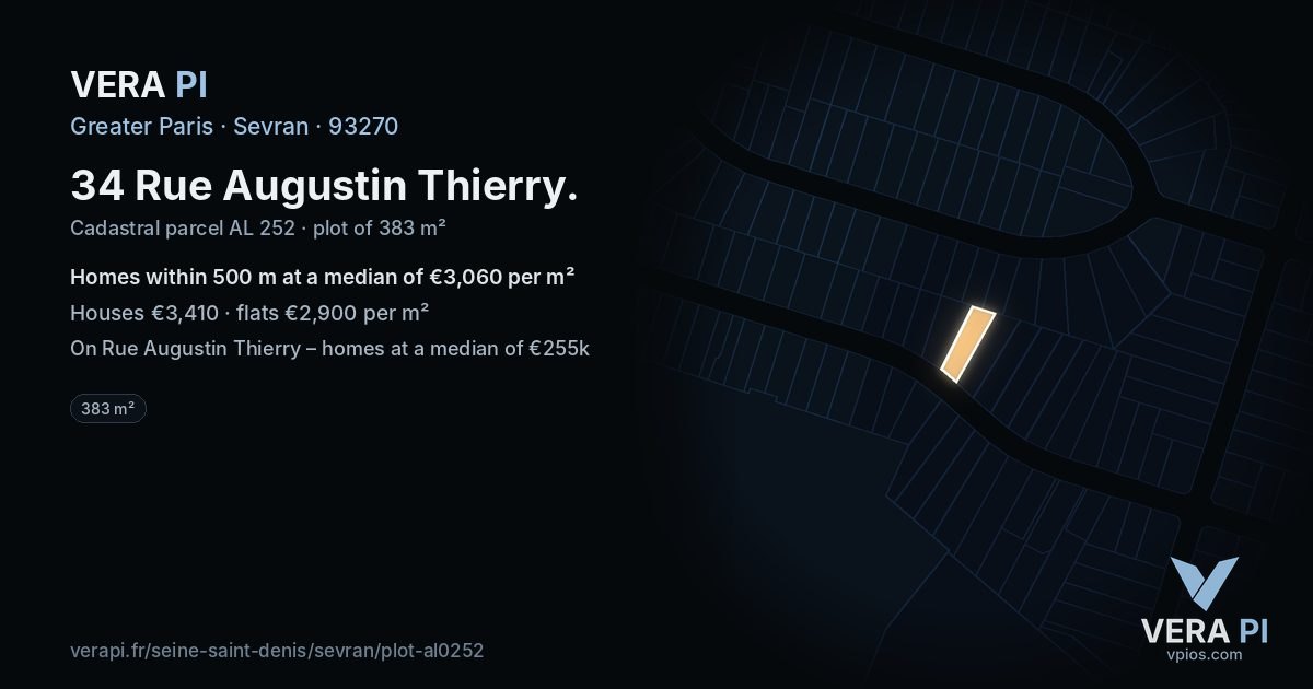 34 Rue Augustin Thierry, Sevran at night – the plot lit, the parcels around coloured by the prices near them