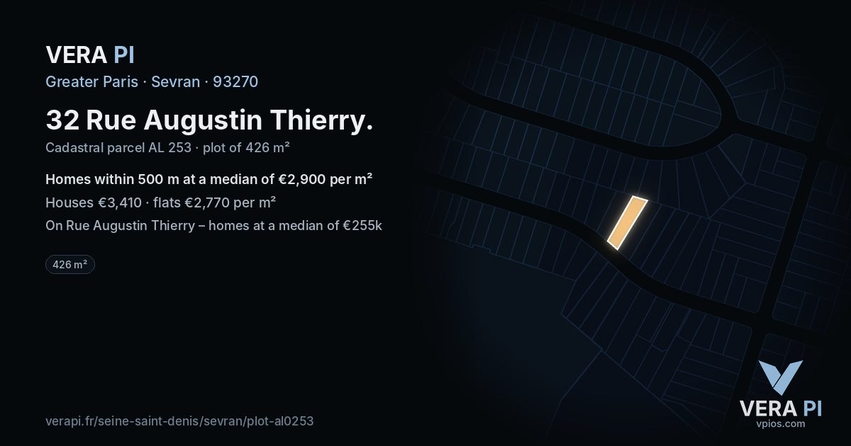 32 Rue Augustin Thierry, Sevran at night – the plot lit, the parcels around coloured by the prices near them
