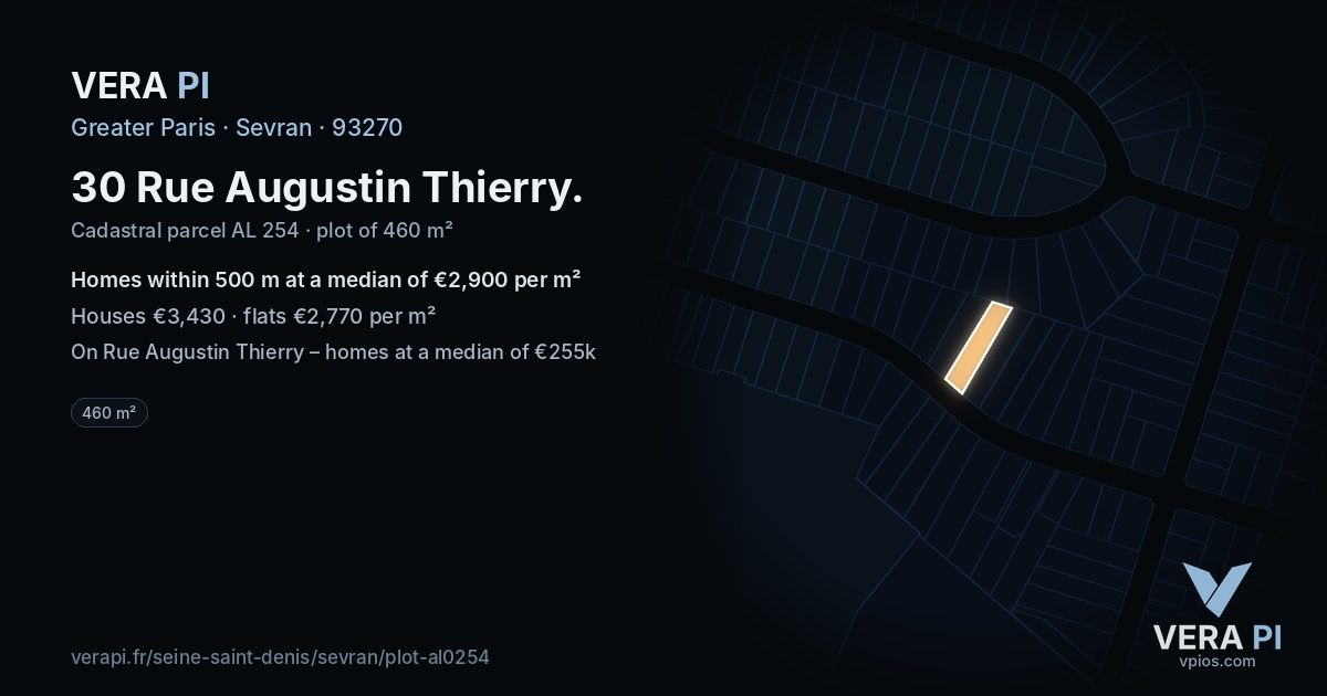 30 Rue Augustin Thierry, Sevran at night – the plot lit, the parcels around coloured by the prices near them