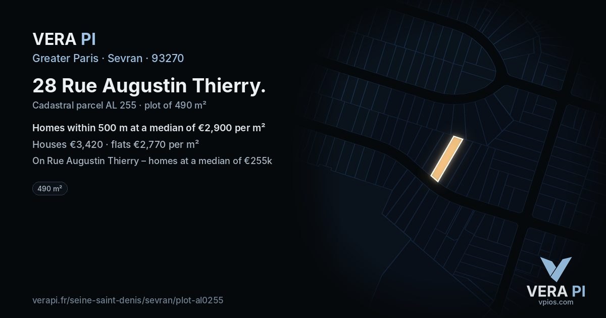 28 Rue Augustin Thierry, Sevran at night – the plot lit, the parcels around coloured by the prices near them