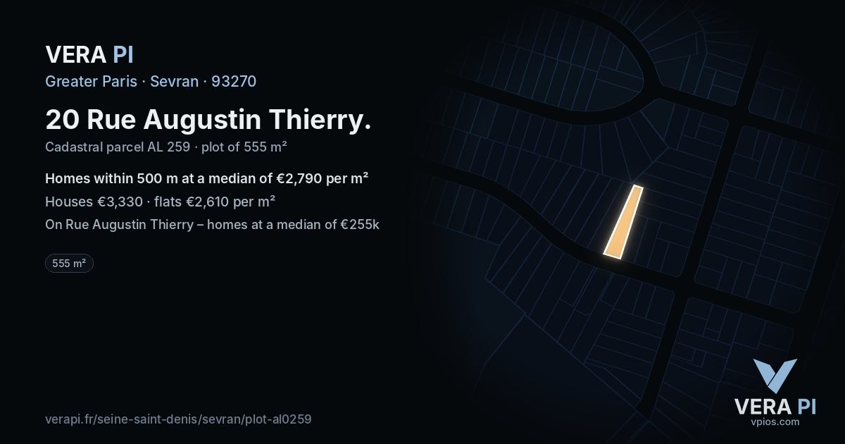 20 Rue Augustin Thierry, Sevran at night – the plot lit, the parcels around coloured by the prices near them