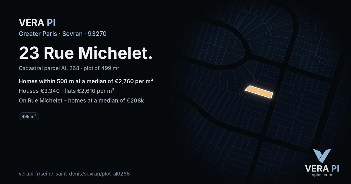 23 Rue Michelet, Sevran at night – the plot lit, the parcels around coloured by the prices near them