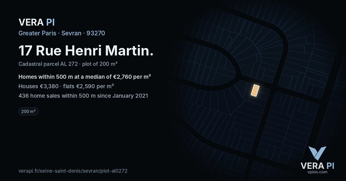 17 Rue Henri Martin, Sevran at night – the plot lit, the parcels around coloured by the prices near them