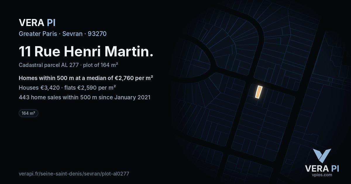 11 Rue Henri Martin, Sevran at night – the plot lit, the parcels around coloured by the prices near them